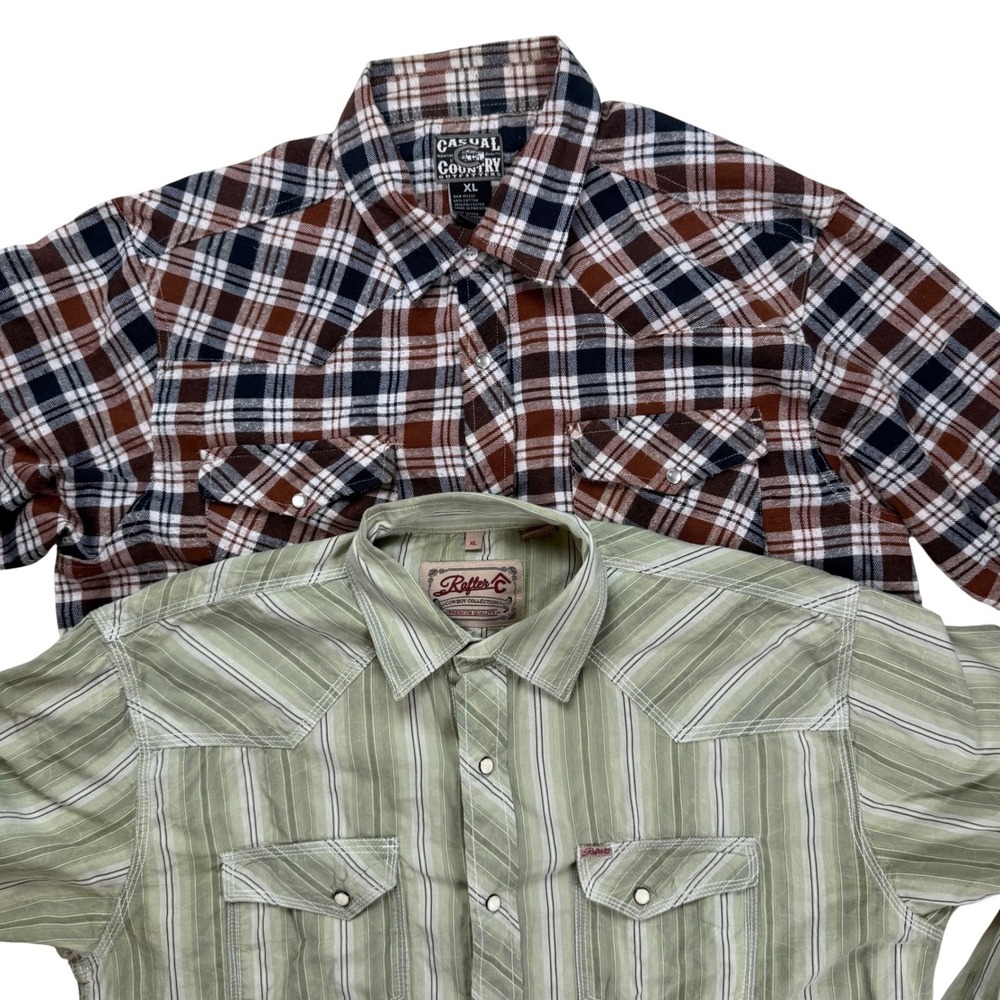 Lot of 2‎ Mens Western Snap Shirts XL Rafter C Sage Stripe Casual Country Plaid